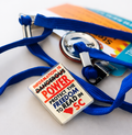 Blue lanyard with a badge holder featuring an intellectual freedom message.